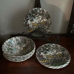 Myott The Hunter Pastoral Print Multicoloured Dessert Plates (4) and bowl